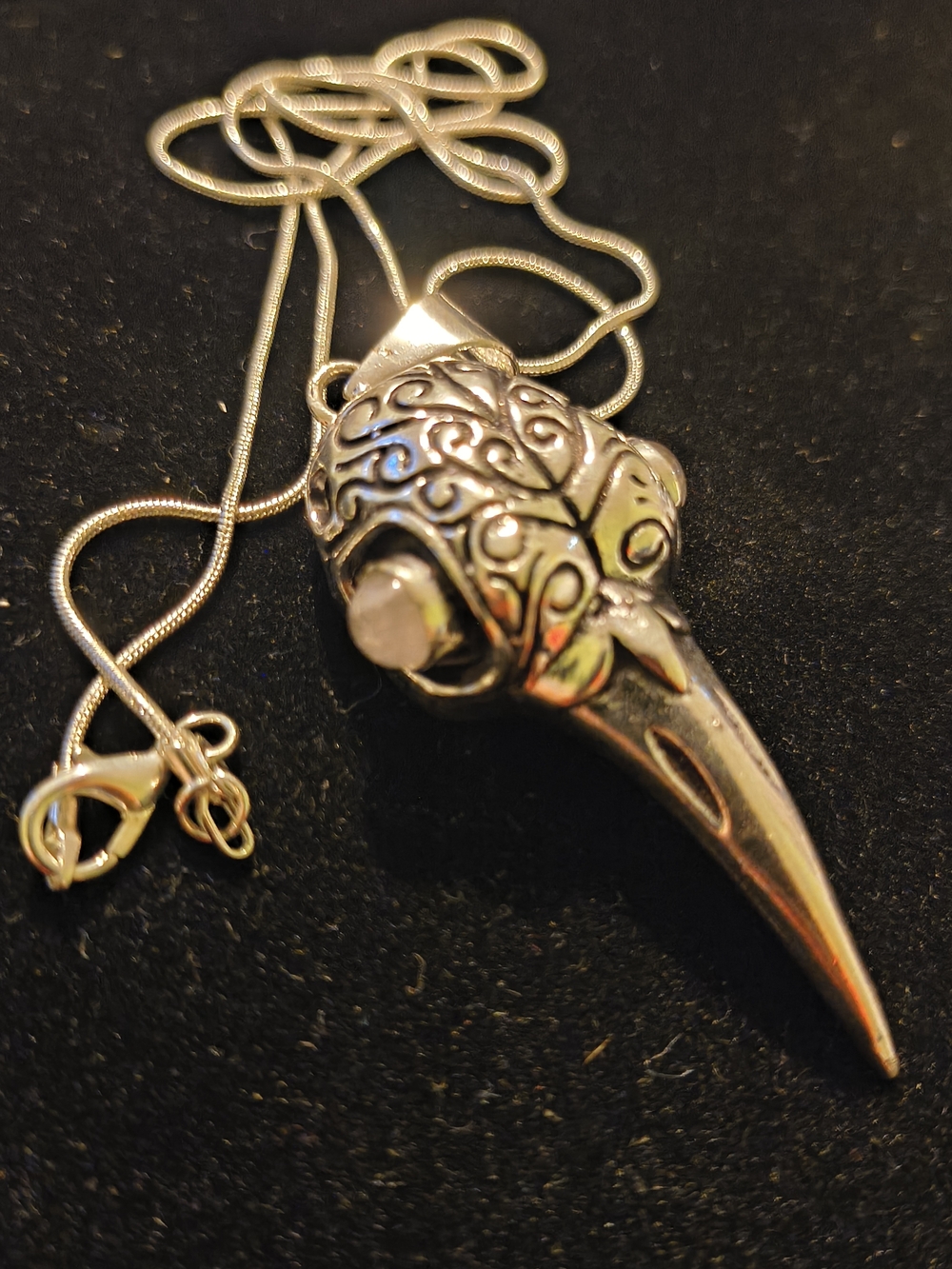 925 Stamped Sterling Silver Bird Skull Pendant Necklace With Pink Rose Quartz Ey
